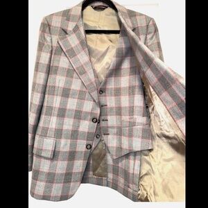Vintage American Craftsmen Suit Jacket and Vest Plaid Grey Red Made in USA